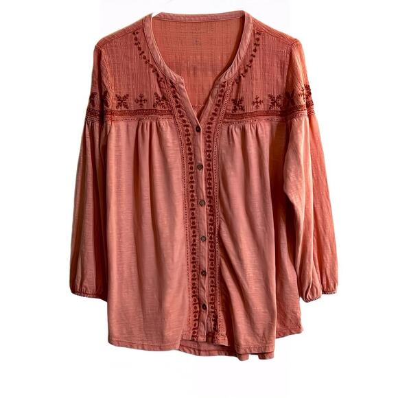 New Directions XL Coral Boho Tunic NWT Lightweight Embroidered 3/4 Sleeve Blouse - Picture 1 of 6